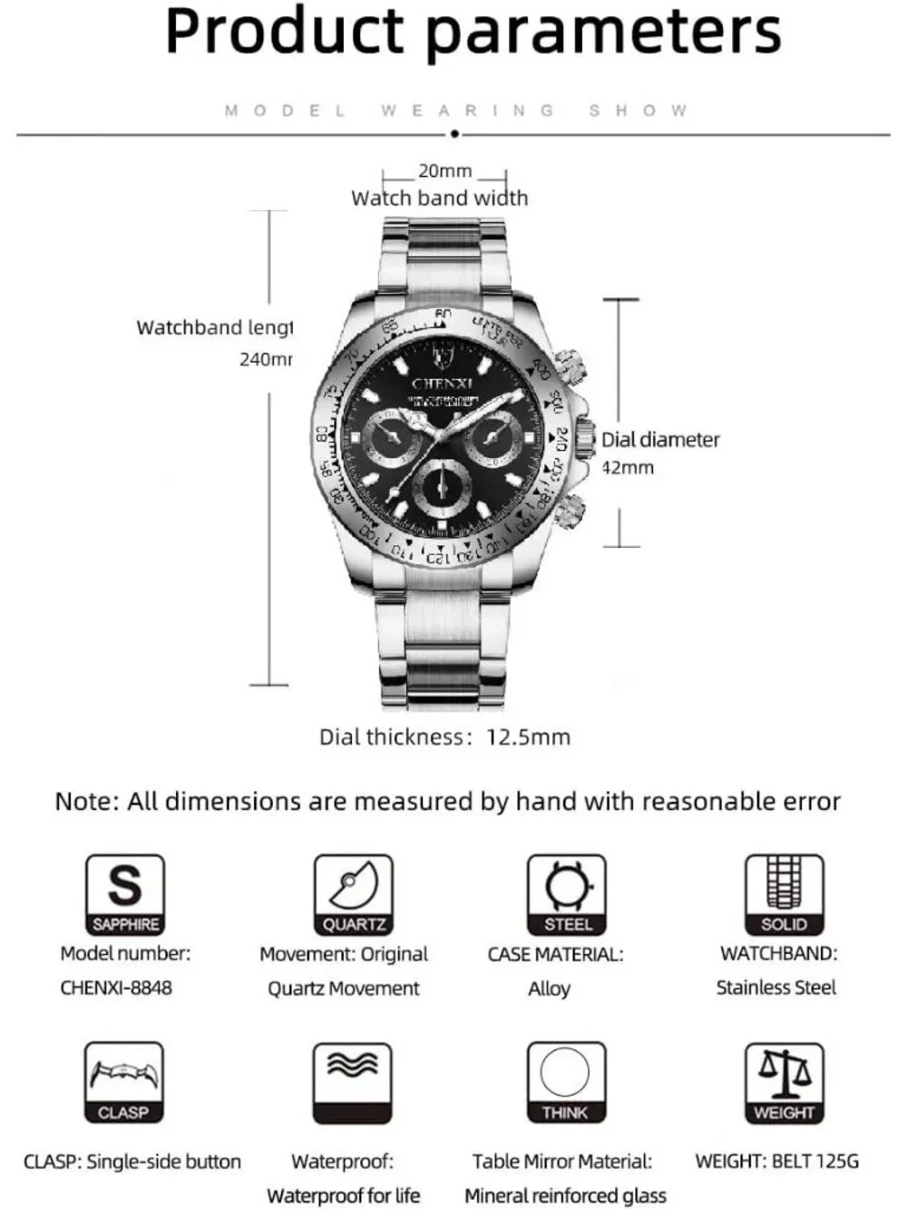 Men's Black Analog Quartz Silver Stainless Steel Crystals Classic Wrist Watch
